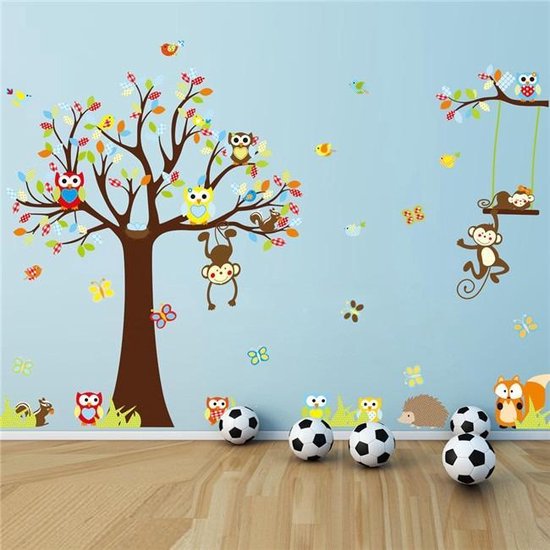 XXL Kleurrijke Boom Met Tak & Dieren Muursticker - Aapjes Met Uiltjes / Uilen / Uil & Vlinders -  Muurdecoratie Voor Kinderkamer / Slaapkamer / Babykamer Jongens & Meisjes