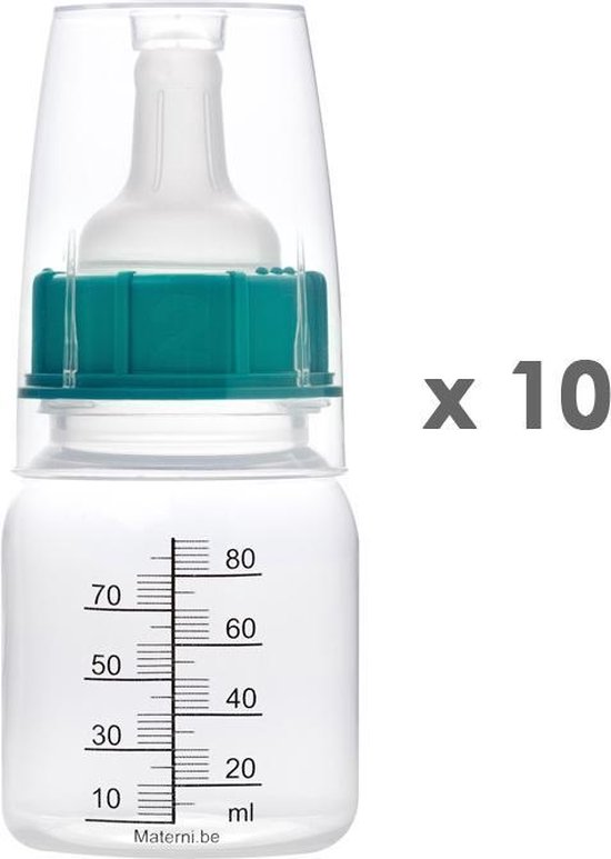 Materni 10x Babyfles 80 ml  - 10 gebruiksklare zuigflessen met afsluitdop en large slow flow speen met speenbeschermer.