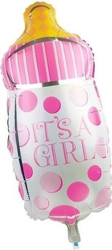 Roze babyfles its a girl voor geboorte meisje 35 cm