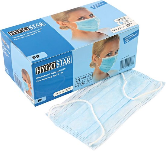 Hygostar mondmasker (medisch Type II) 3-laags blauw 50 stuks met oorelastiek