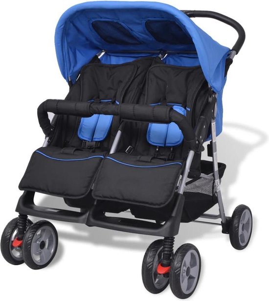 vidaXL Tweelingkinderwagen staal blauw en zwart