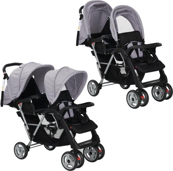 vidaXL Dubbele kinderwagen staal grijs en zwart