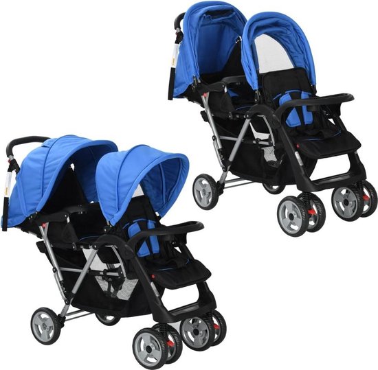 vidaXL Dubbele kinderwagen staal blauw en zwart