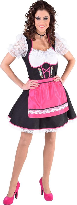 Zwart dirndl me roze schort en kant | Oktoberfest verkleedkleding dames maat 46/48 (XL)