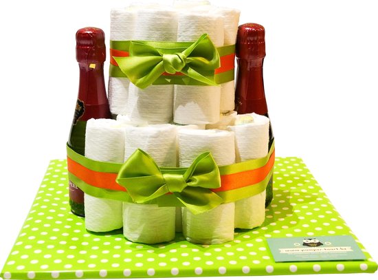 Luiertaart - Pampertaart Neutraal 2 Laags Mini Cava - 28 Pampers - Groen Oranje