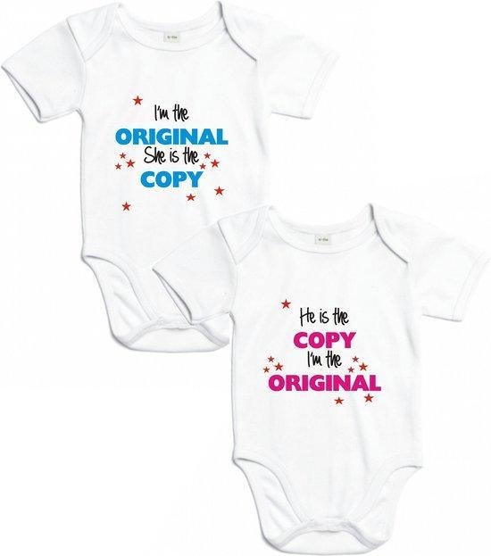 Baby rompertjes I'm the Original, she's the Copy - Tweeling - Wit - Maat 62/68 - Set van 2 rompertjes - Kado baby - Babyshower - Babygeschenk - Romper
