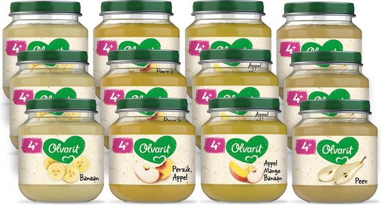 Olvarit Variatiemenu Fruit - fruithapje vanaf 4+ mnd - 4 smaken babyvoeding - 12 fruitpotjes - 125g
