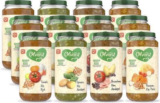 Olvarit Variatiemenu Maaltijd - babyhapje vanaf 12+ maanden - 4 smaken babyvoeding - 12 x 250 gram