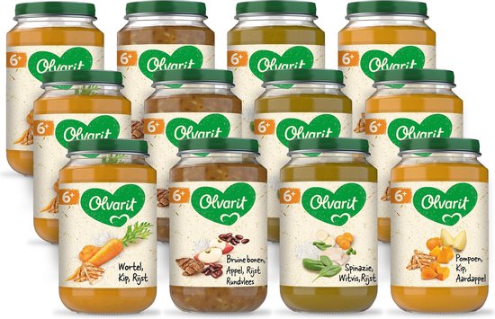 Olvarit Variatiemenu Maaltijd - babyhapje vanaf 6+ maanden - 4 smaken babyvoeding - 12 x 200 gram