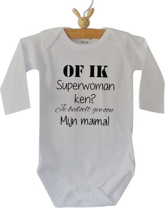 Rompertje baby tekst cadeau eerste moederdag Of ik superwoman ken? Je bedoelt gewoon mijn mama | Lange mouw | wit | maat 74/80