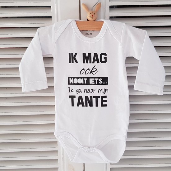 Baby Rompertje met tekst Ik mag ook nooit iets ik ga naar mijn tante | Lange mouw | wit zwart | maat 50/56 | Zwangerschapsaankondiging grappig cadeau