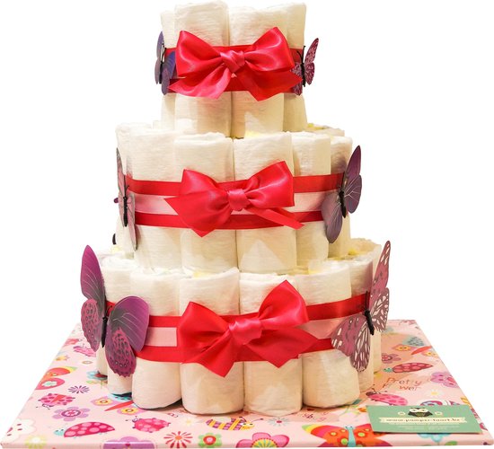 Luiertaart - Pampertaart Meisje Vlinder - 54 Pampers - Fuchsia Roze