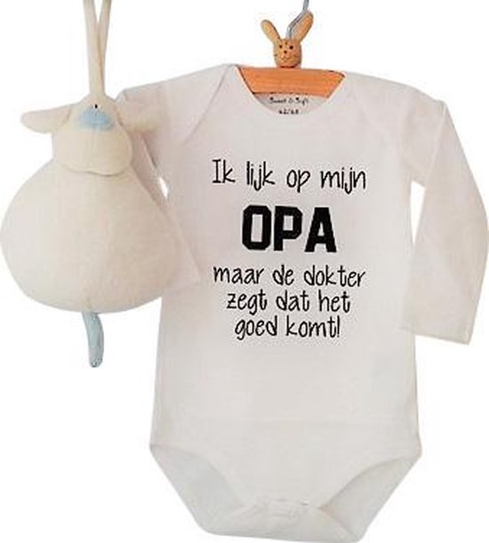 Baby Rompertje met tekst | Ik lijk op mijn Opa maar de dokter zegt dat het goed komt ! | Lange mouw | wit  zwart | maat 50/56 | zwangerschap aankondigen grappig cadeau