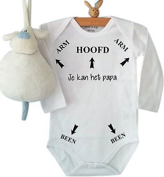 Baby Rompertje met tekst Hoofd Arm Been pijlen je kan het papa | Lange mouw | wit zwart | maat 62/68 | grappig cadeau met bekendmaking zwangerschap aanstaande jongen meisje unisex