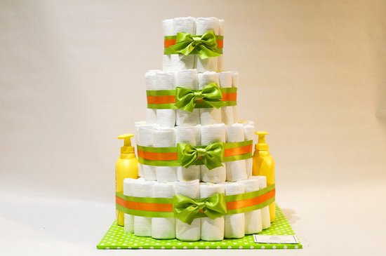 Luiertaart - Pampertaart Neutraal 4 Laags Zwitsal - 98 Pampers - Groen Oranje