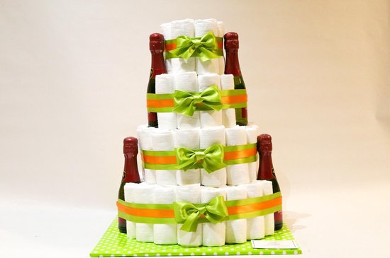 Luiertaart - Pampertaart Neutraal 4 Laags Mini Cava - 98 Pampers - Groen Oranje
