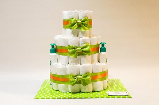Luiertaart - Pampertaart Neutraal 3 Laags Galenco - 50 Pampers - Groen Oranje