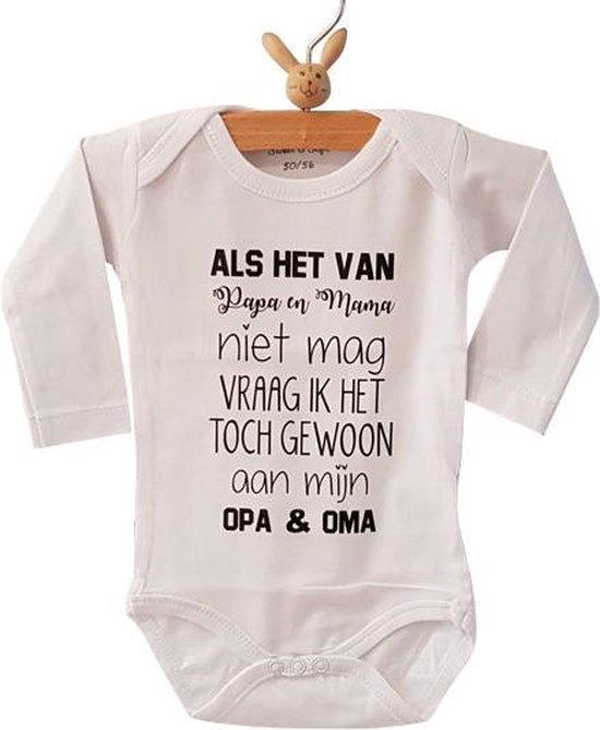 Baby Rompertje tekst | Als het van papa en mama niet mag vraag ik het toch gewoon aan mijn opa en oma | Lange mouw | wit zwart | maat 50/56 cadeautje zwangerschaps aankondiging hoera jullie worden grootouders