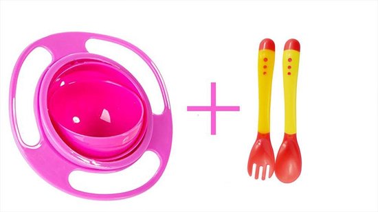 Spill-Proof Babyvoeding Kom - Eetbakje - Magische Kom / Bowl 360 Graden Rotatie - Eetbak - Morsen Bestendig - Met Deksel Voor Peuter Baby Kinderen - Roze + Baby Bestek
