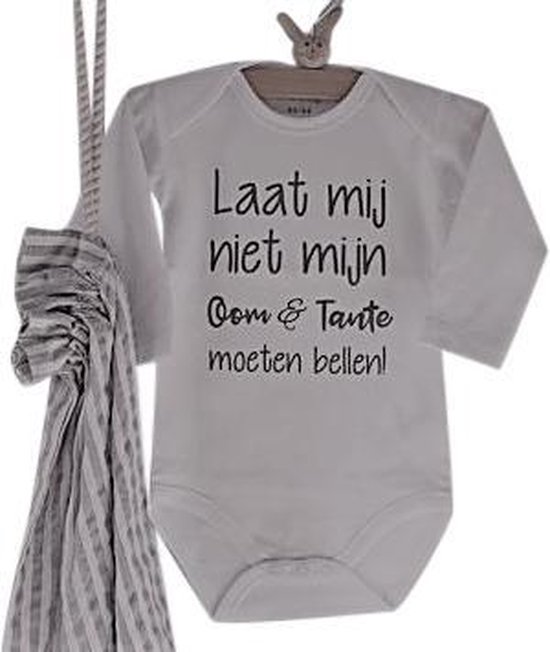 Baby Rompertje met tekst neefje of nichtje op komst | Laat mij niet mijn oom en tante moeten bellen! | Lange mouw | zwart wit | maat 62/68 | Zwangerschapsaankondiging Hoera jullie worden