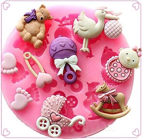 Fondant Babyshower Mal - Siliconen Baby en Kindje thema vorm - Fondant / Marsepein / Chocolade / Zeep Kinderwagen fles speen - Voor decoratie van taart, cupcakes en cake bij een geboorte