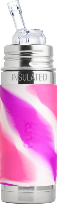 Pura thermos rietjesfles 260 ml inclusief roze swirl sleeve en reisdop