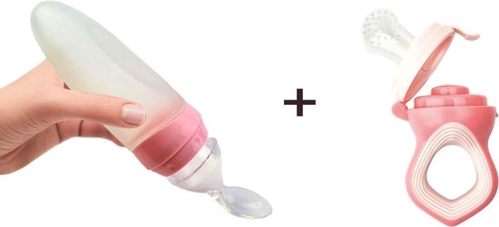 Babyfles Knijpfles Lepel Bonus Fruitspeen Kinderbestek Baby bestek - Roze