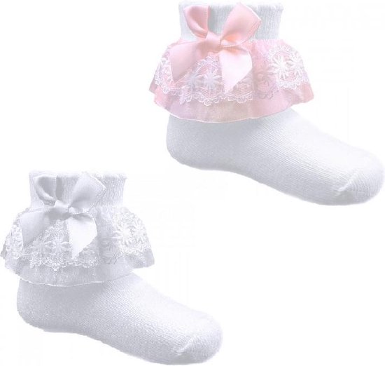 2 paar Baby Sokken met Bloemen Kant en Strik (6-12 mnd)