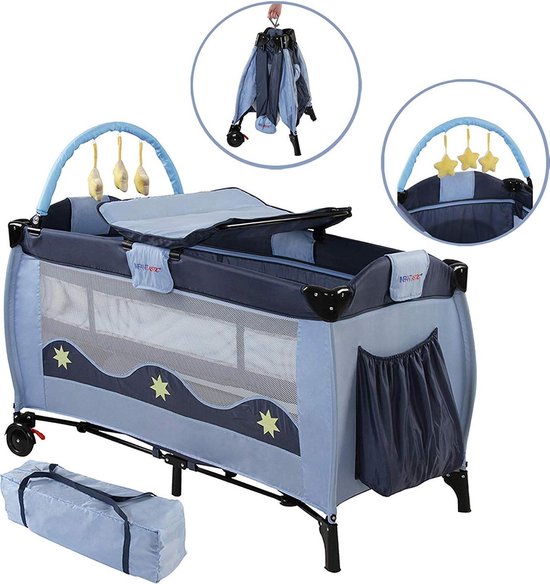 Campingbedje Infantastic -donkerblauw- reiswieg - 126x66x82cm, belastbaar tot 15 kg, opvouwbaar, in hoogte verstelbaar, incl. aankleedkussen, draagtas, gevoerde randen, 6 designs - combi reiswieg, baby reiswieg