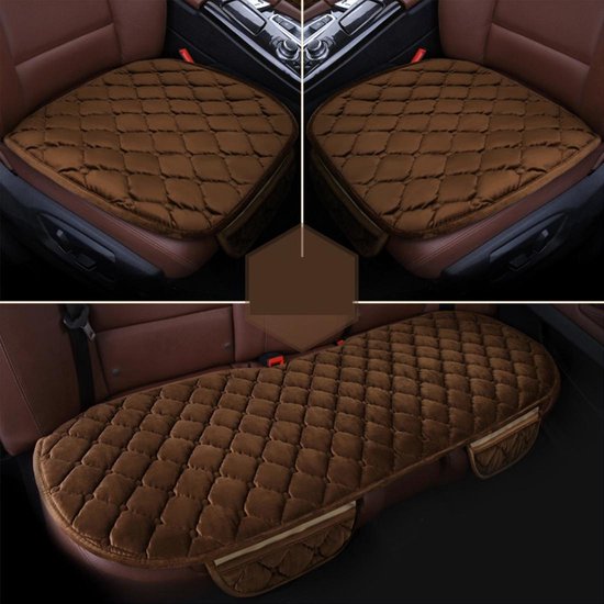 3 stks / set luxe warme autostoel cover kussen universele voor achter stoelhoezen auto antislip stoel pad warme automatten geen terug pluche kussen (koffie)