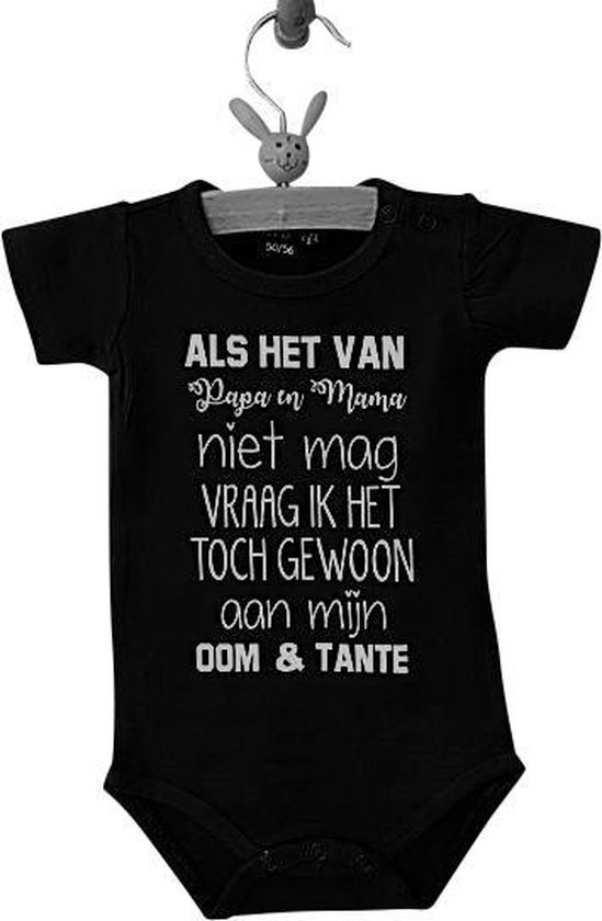 Baby Romper zwart met tekst bedrukking Als het van papa en mama niet mag vraag ik het toch gewoon aan mijn oom en tante | korte mouw | zwart wit | maat 50/56 cadeau nichtje neefje geboren kraamcadeau zwangerschaps aankondiging
