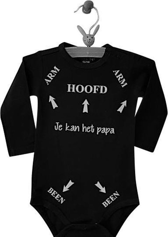 Baby Romper zwart met tekst bedrukking | Hoofd Arm Been pijlen je kunt / kan het pap / papa / pappie | lange mouw | zwart wit | maat 62/68 | I love vaderdag cadeau