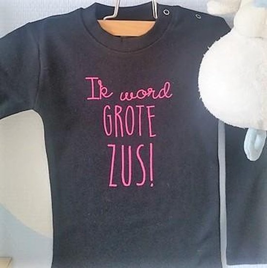 Baby rompertje Hoera ik word grote zus meisje - Zwangerschapsaankondiging | Lange mouw | zwart roze print | maat 74-80 zwangerschap aankondiging shirt worden big sis sister