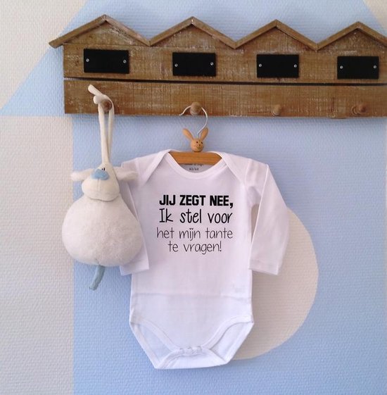 Baby Rompertje unisex met tekst | Jij zegt nee ik stel voor het mijn tante te vragen | lange mouw | wit met zwart | maat 74/80 | cadeautje zwangerschap aankondiging  hoera je wordt weer tante's liefste liefste worden neefje of nichtje opkomst