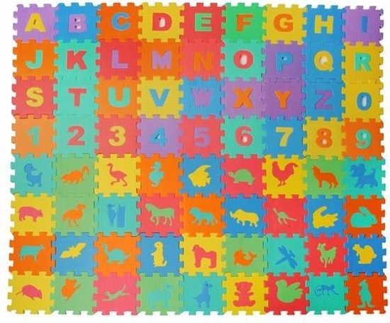 Speelkleed 72 tegels - Puzzelmat – Speelmat – Speeltapijt met dieren, letters en cijfers