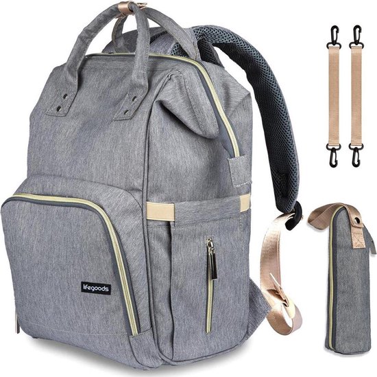 LifeGoods Luier- en Verzorgingstas - Baby Rug Tas met Isoleervak - Diaper Backpack Bag - Reis Rugzak Inclusief Buggy en Kinderwagen Haken - Grote Capaciteit - 23.8 Liter - Unisex/Jongens/Meisjes - Grijs DMG