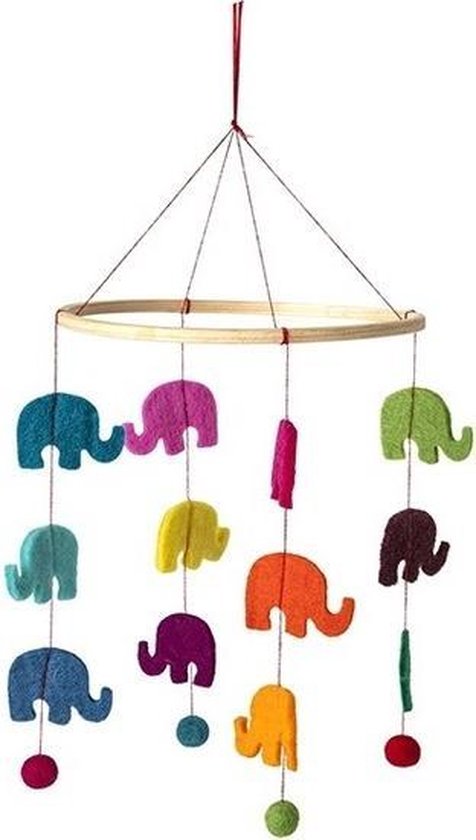 Olifant thema baby mobiel/boxmobiel 45 cm -  Hout/vilt - Babykamer/kinderkamer decoratie accessoires