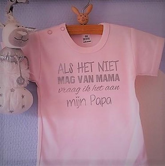 Baby Rompertje tekst dochter meisje eerste Vaderdag cadeau | Als het niet mag van mama vraag ik het aan mijn papa | korte mouwen | roze met grijs | maat 62-68 | mooiste cadeautje kind cadeautje liefste lief leukste  verjaardag jarig gefeliciteerd