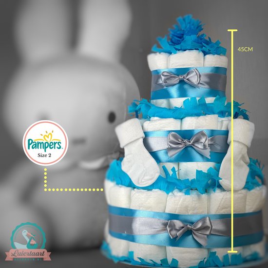 Luiertaart jongen 3-laags met 45 A-merk pampers en XL kaart - kraamcadeau - babyshower- pampertaart