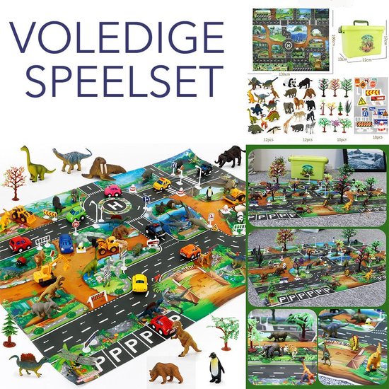 Volledige speelset met grondkleed  (100 x 130 cm) opbergdoos met dinosaurussen, dieren, verkeersborden en bomen. Geweldig cadeau voor kinderen van 3-12 jaar oud.