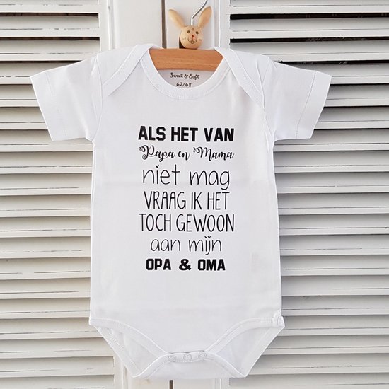 Baby Rompertje cadeautje zwangerschap aankondiging tekst | Als het van papa en mama niet mag vraag ik het toch gewoon aan mijn opa en oma| korte mouw | wit zwart | maat 62/68 | geboorte kraamcadeau cadeau jongen meisje unisex