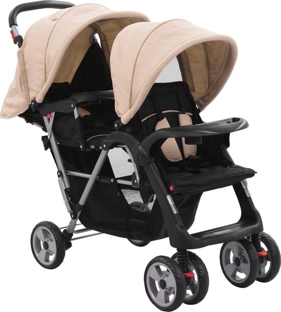 vidaXL Dubbele kinderwagen - staal - taupe en zwart