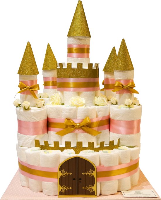 Luiertaart - Pampertaart Meisje Kasteel – 91 Pampers – Roze Goud
