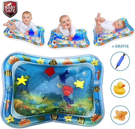 SupplyU Baby Waterspeelmat DELUXE + GRATIS Badeend, Opblaaspomp & Speen –  Opblaasbare Speelmat - Speelkleed Baby – Aquaplay - Watermat – Babytraining – Kraam/Baby Cadeau  – Babyshower Cadeau - Baby Speelgoed - Waterspeelgoed