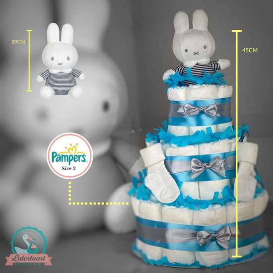 Luiertaart jongen 3-laags met Nijntje, 45 A-merk pampers en XL kaart  - kraamcadeau - babyshower- pampertaart