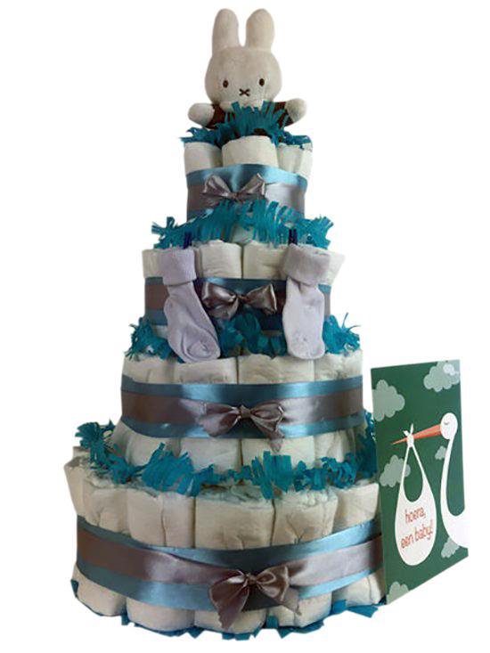 Luiertaart jongen 4-laags met Nijntje en 87 A-merk pampers - kraamcadeau - babyshower- pampertaart