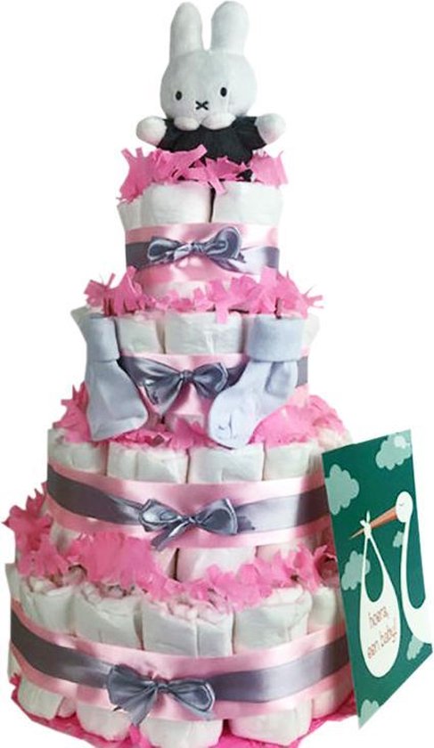 Luiertaart meisje 4-laags met Nijntje en 87 A-merk pampers - kraamcadeau - babyshower- pampertaart