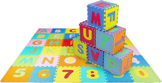 LifeGoods ABC Speelmat XL - 36-delig Alfabet Puzzel van Schuim Vloer Tegels met Letters en Cijfers - 180x180 cm - Zacht en Dik EVA Foam - Antislip en Waterafstotend - Educatief Speel Kleed voor Baby/Peuters/Kinderen vanaf 0 jaar - Jongens en Meisjes