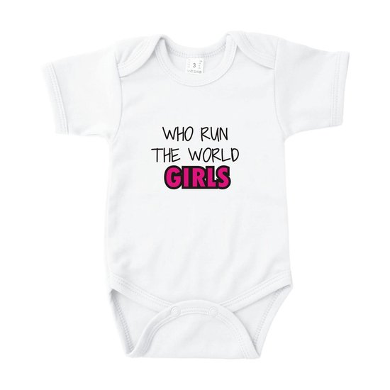 Rompertjes baby met tekst - Who run the world, Girls - Romper korte mouw Wit - Maat 62/68 - Kraam cadeau - Babygeschenk - Romper