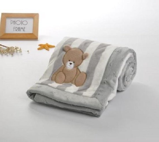 Baby deken - wit grijs met bruin beertje – 100 x 75 cm  - Warme behaaglijke wiegdeken - Zachte stof - Babydekentje - hoogwaardige kwaliteit - Wikkeldeken - Speeldeken - Kraamcadeau – Fleece